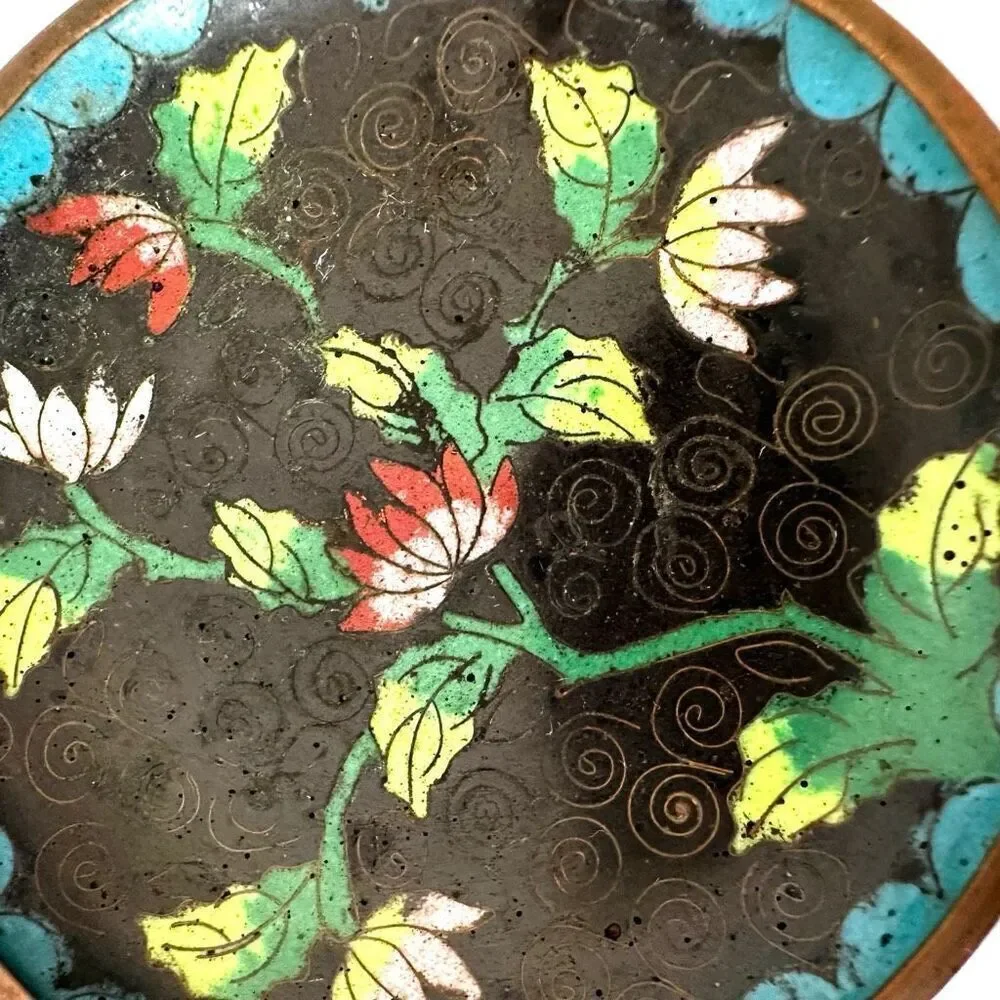 Green blue floral cloisonné  copper enamel vintage trinket dish
